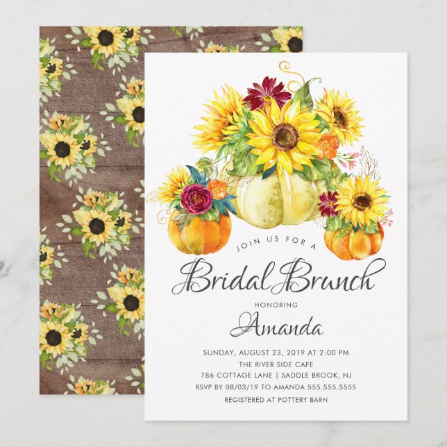 Autumn Sunflower Pumpkin Brautparty Brunch Einladung (Vorne/Hinten)