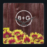 Autumn Sunflowers on Wooden Fence Wedding Quadratische Wanduhr<br><div class="desc">Celebrate your special day with this wedding floral-themed clock,  which features a fall-blooming medley of vivid,  two-tone mini sunflowers set on a weathered fence. Add initials of newlyweds,  and wedding day. Perfect for rustic and autumn wedding themes!

Design © W.H. Sim. See more at zazzle.com/expressionsoccasions</div>