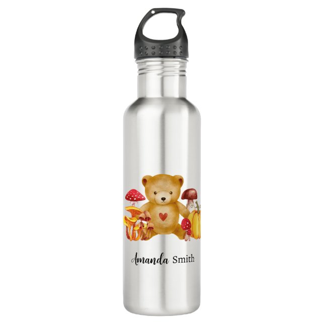 Autumn Teddy Bear and Mushroom Wonderland Edelstahlflasche (Vorderseite)