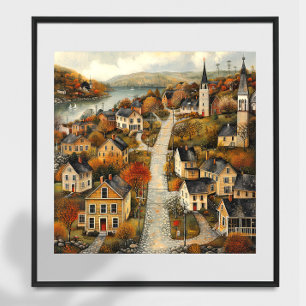 Autumn Town Folk Art Oil Painting Poster