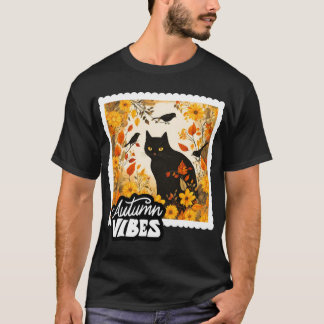 Autumn Vibes Black Cat Sunflowers and Fall Birds T-Shirt