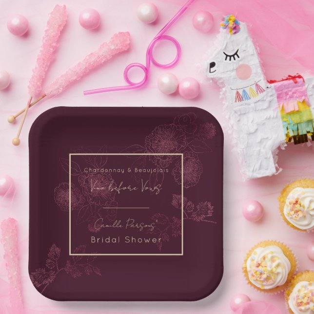 Autumn Vino Before Vows Rosegold Floral Lines Pappteller (Party)