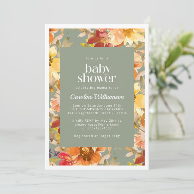Autumn Watercolor Floral Pattern Chic Baby Shower Einladung (Stehend Vorderseite)