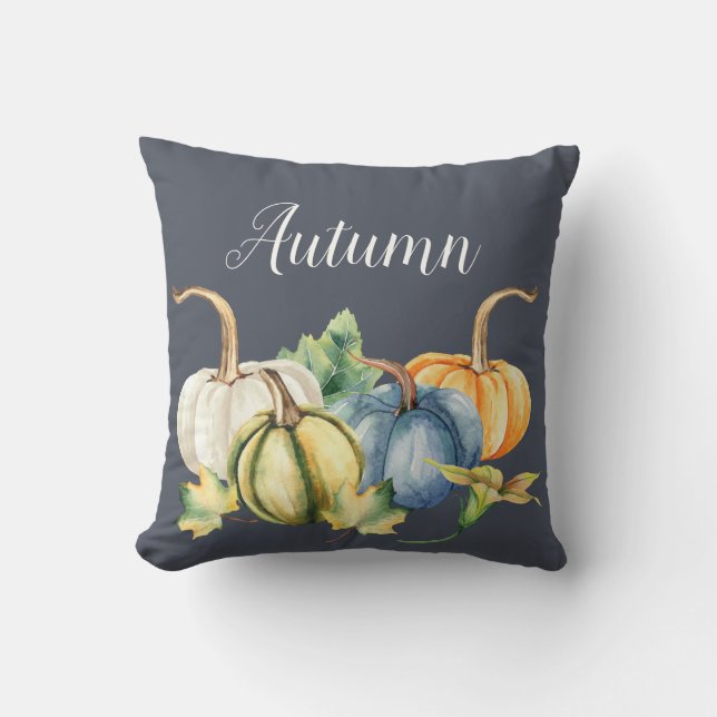 Autumn Watercolor Pumpkin Blue Kissen (Vorderseite)