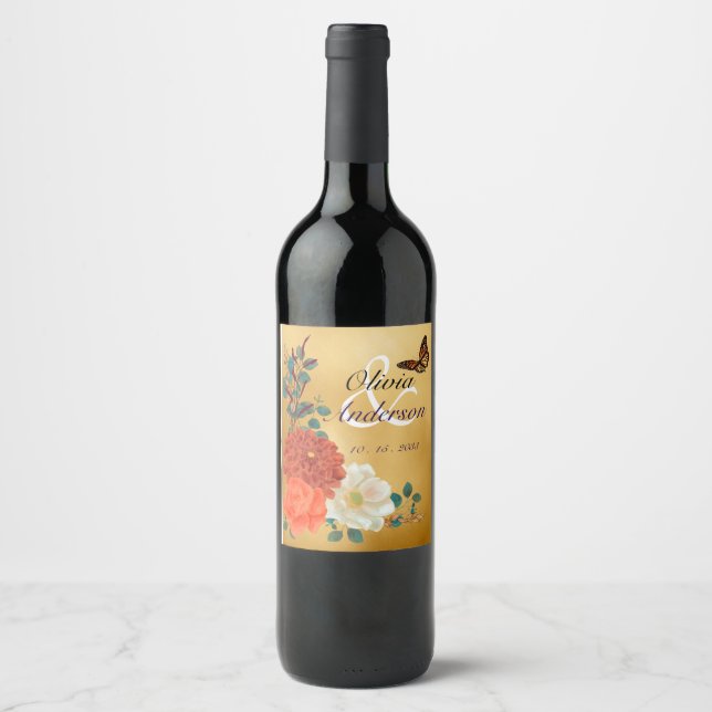 Autumn Wedding Floral Butterfly Beverage Label Set Weinetikett (Vorderseite)
