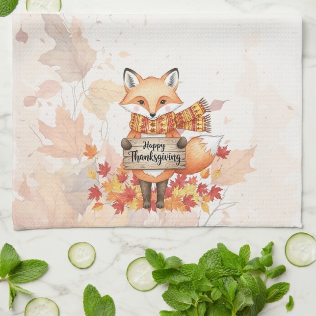 Autumn Whimsy – Thanksgiving Fox with Fall Leaves  Geschirrtuch (Gefaltet)