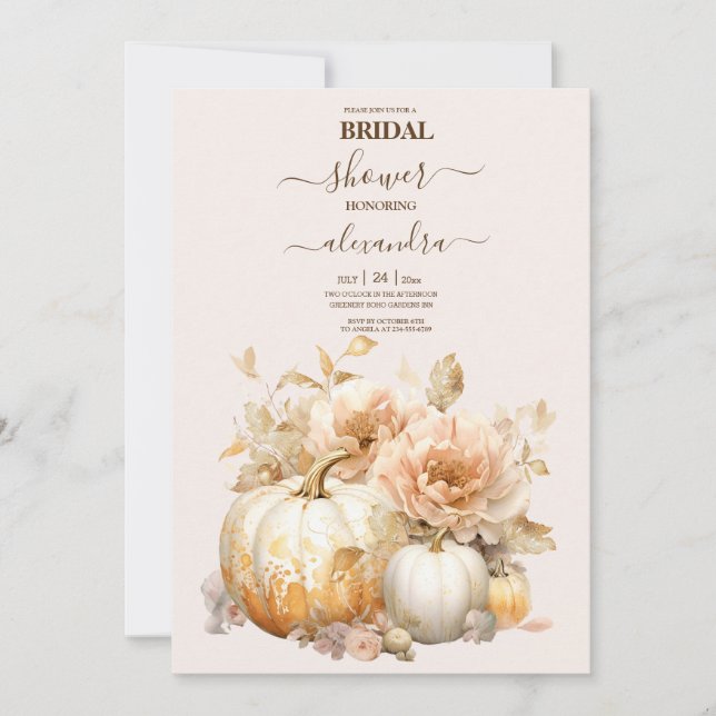 Autumn White Gold Glitzer Pumpkin Bridal Einladung (Vorderseite)