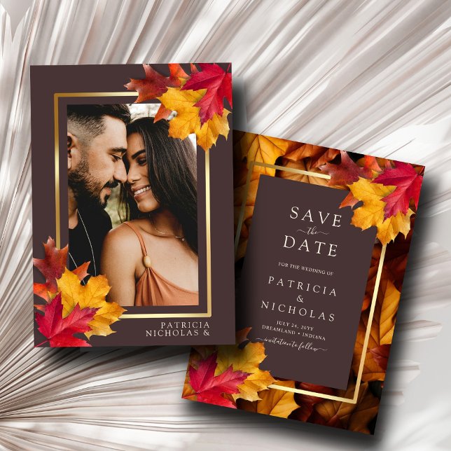 Autumn Woody Brown & Elegant Golden Frame Wedding Save The Date (Von Creator hochgeladen)