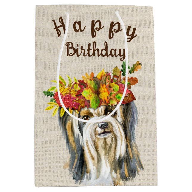 Autumn Yorkshire Terrier Birthday Mittlere Geschenktüte (Vorderseite)