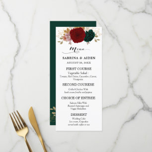 Autumnal Burgundy Emerald Greeny Floral Wedding Menükarte