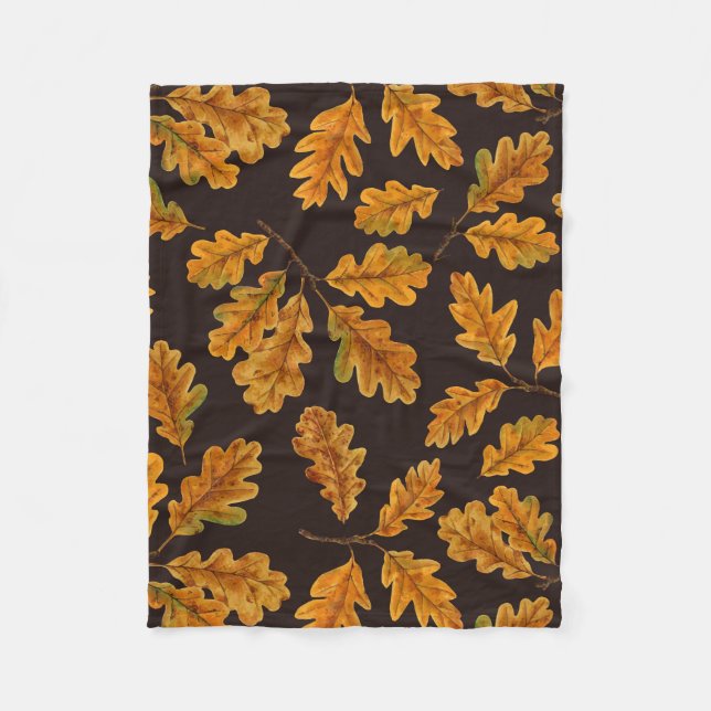 Autumnal Eicheneiche Blätter auf dunkelbraun Fleecedecke (Vorderseite)