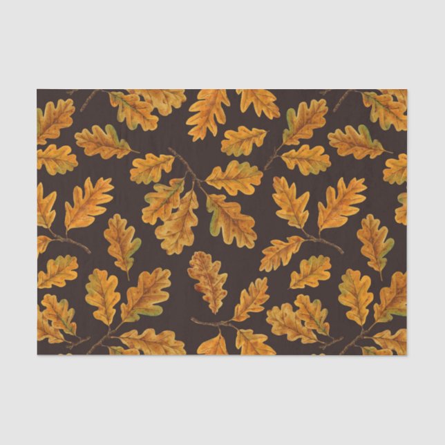 Autumnal Eicheneiche Blätter auf dunkelbraun Seidenpapier (Vorderseite)