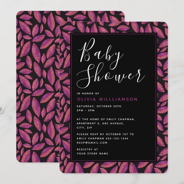 Autumnal Fall Lila Blätter Kinderdusche Einladung (Vorne/Hinten)