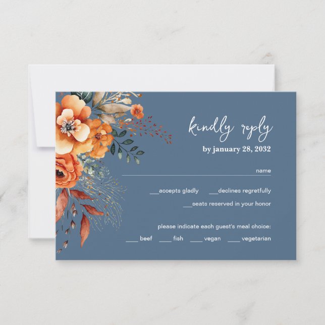 Autumnal Floral elegante Hochzeit staubblau RSVP Karte (Vorderseite)
