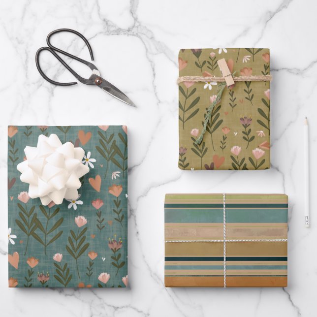 Autumnal Floral & Striping Geschenkwrap Geschenkpapier Set (Vorderseite)