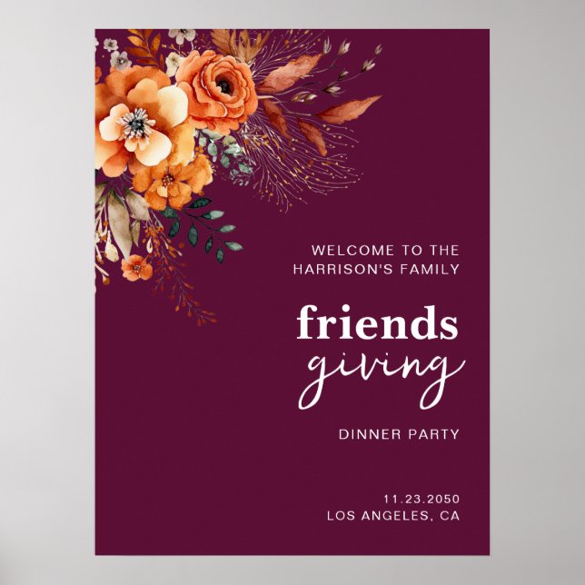 Autumnal flowers thanksgiving elegant burgundy poster (Vorne)