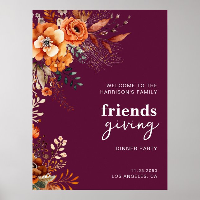 Autumnal flowers thanksgiving elegant burgundy poster (Vorne)