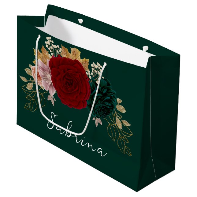 Autumnal Gold Burgundy Emerald Greeney Floral Große Geschenktüte (Vorderseite Schrägansicht)