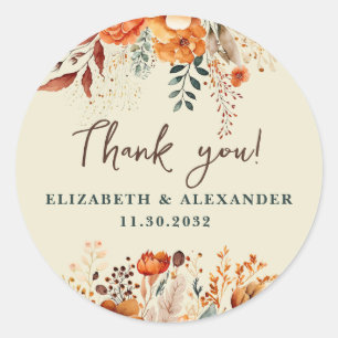Autumnal Namen und Hochzeitstermin Blumendanken Runder Aufkleber