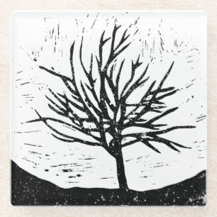 Autumnal Tree Lino Print Glasuntersetzer