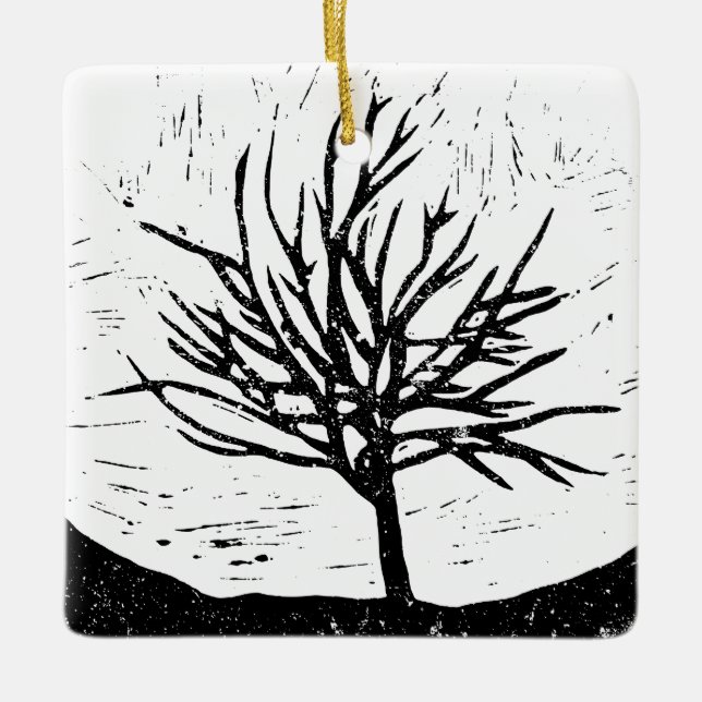 Autumnal Tree Lino Print Keramikornament (Vorderseite)