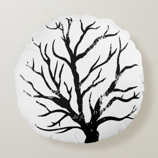 Autumnal Tree Lino Print Rundes Kissen (Vorderseite)