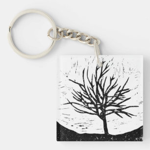 Autumnal Tree Lino Print Square Schlüsselanhänger