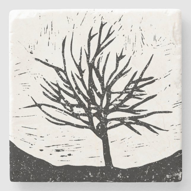 Autumnal Tree Lino Print Steinuntersetzer (Vorderseite)