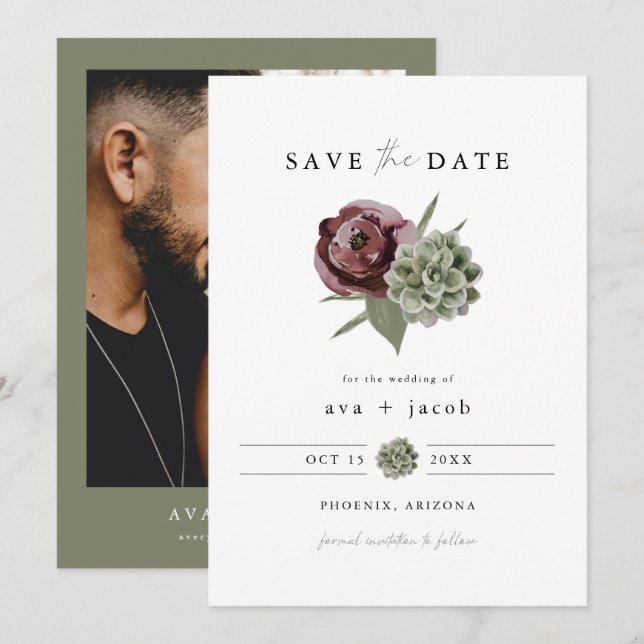 AVA Burgundy Floral Sukkulente Wüste Save the Date Einladung (Vorne/Hinten)