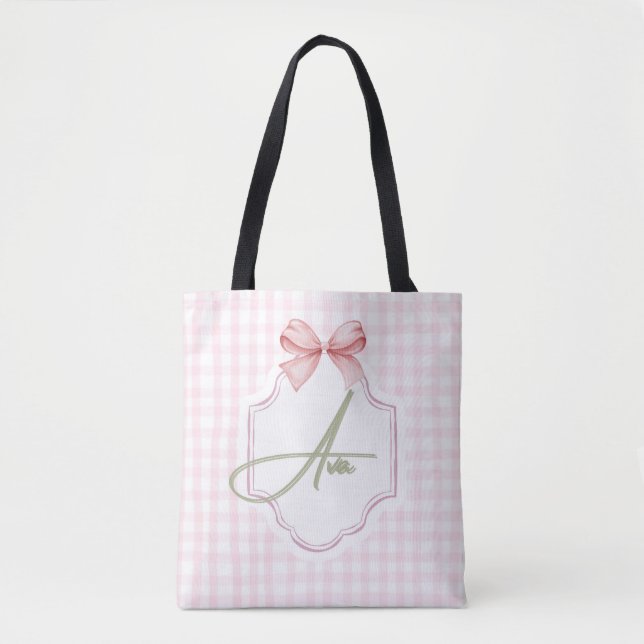 Ava Personalisiert Pink Bow & Gingham Print Tasche (Vorderseite)