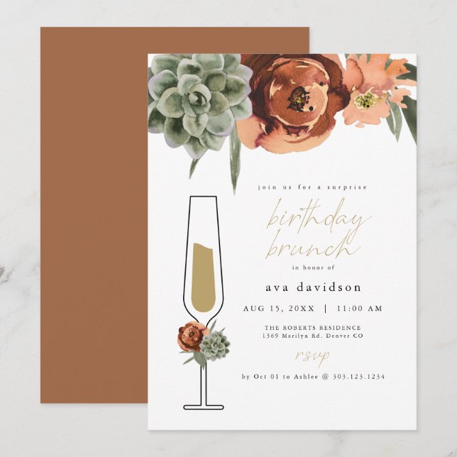 AVA Terracotta Succulent Birthday Brunch Einladung (Vorne/Hinten)