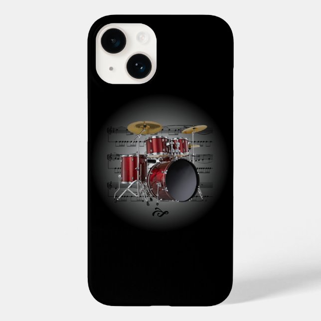 Avant Garde, Drum Set auf Globe mit Notenmusik ~ Case-Mate iPhone 14 Hülle (Rückseite)