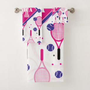 Avec nom & initiale, raquettes de tennis rose & vi