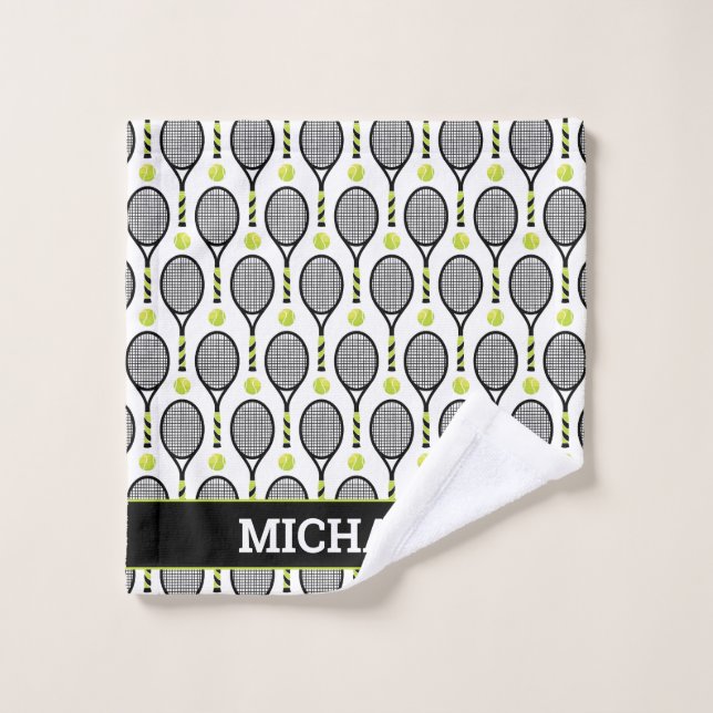 Avec nom 🎾 noir, vert, blanc 🎾 tennis (Gant de toilette)