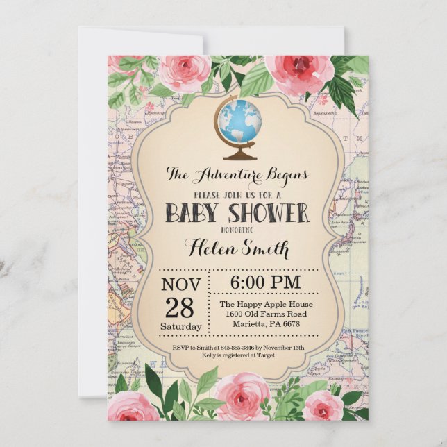 Aventure Baby shower rose Floral Carte Voyage Mond (Devant)