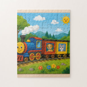 Aventure de train de puzzle d'animaux heureux
