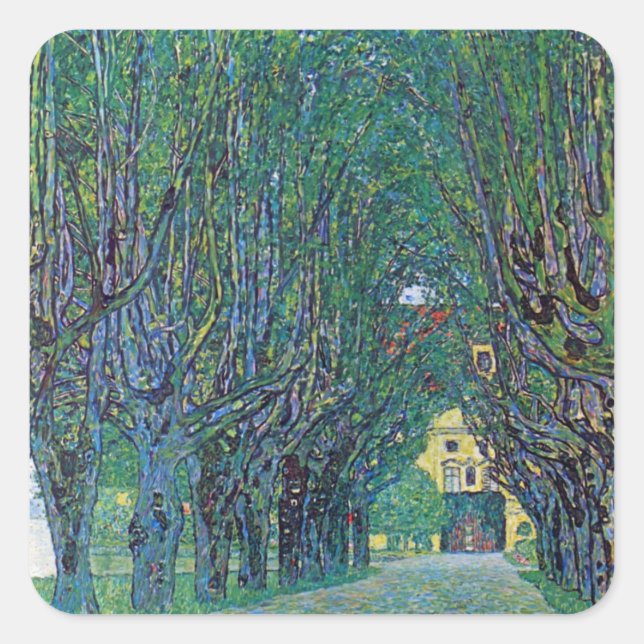 Avenue in Schloss Kammer Park bei Gustav Klimt Quadratischer Aufkleber (Vorderseite)