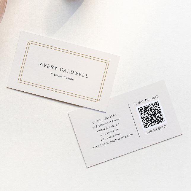 AVERY Chic Gold Black Cream Doppelrahmen-QR-Code Visitenkarte (AVERY Chic Gold Black Cream Double Frame QR Code Business Card)