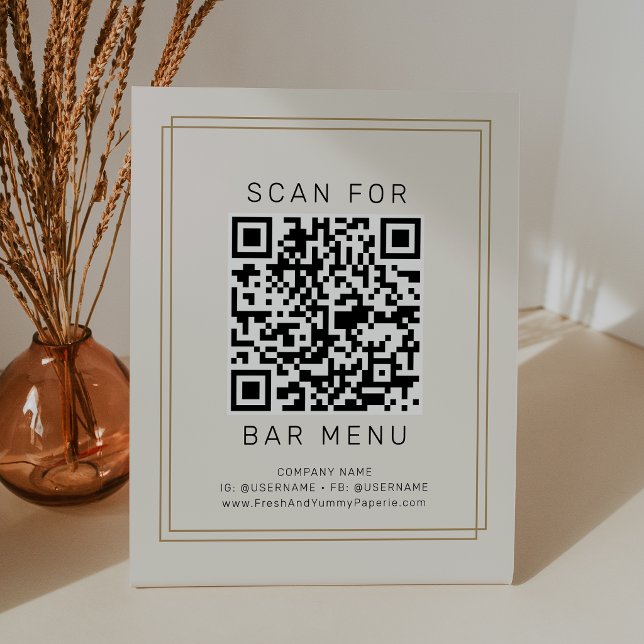 AVERY Chic Gold Schwarz und Creme Bar Menu QR Code Sockelschild (AVERY Chic Gold Black and Cream Bar Menu QR Code Pedestal Sign)