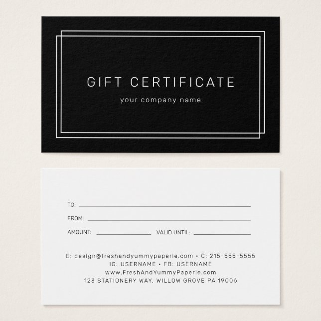 AVERY Modern Black Business Gift Certificate (Vorne & Hinten)