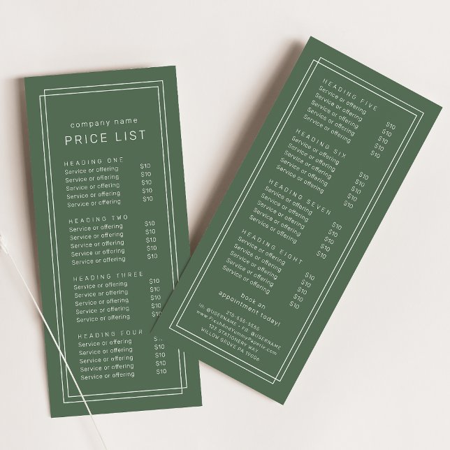 AVERY Rustikaler Dunkelgrüner Doppelrahmen-Preisli Werbekarte (AVERY Rustic Dark Green Double Frame Price List Rack Card)