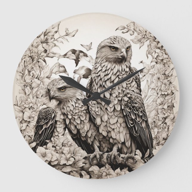 Aviäre Eleganz: Schwarzer und weißer Vogel der Beu Große Wanduhr (Vorderseite)