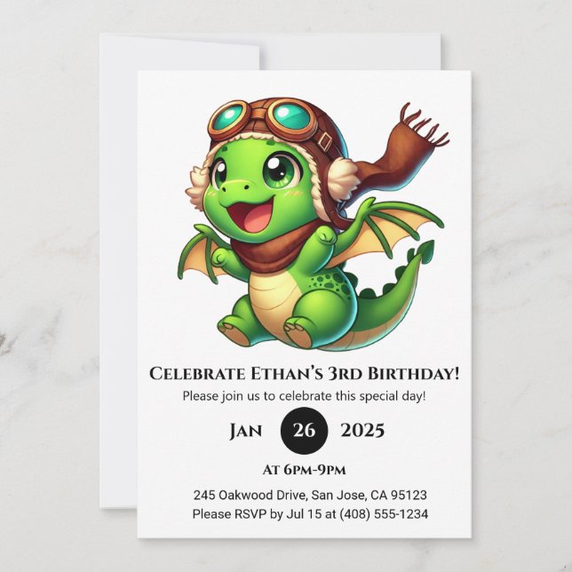 Aviator Baby Dragon Birthday Einladung (Vorderseite)