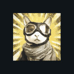 Aviator Cat Goggles Sunburst Portrait Leinwanddruck<br><div class="desc">A fearless feline aviator gazes straight ahead through oversized leather goggles with shining chrome rims. A cozy plaid scarf wraps the neck while dramatic golden sunburst rays explode behind, studded with dark speckles like an old propeller-plane poster. Warm sepia fur tones contrast the bold retro halo, blending vintage adventure, quiet...</div>