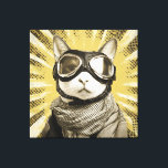 Aviator Cat Goggles Sunburst Portrait Leinwanddruck<br><div class="desc">A fearless feline aviator gazes straight ahead through oversized leather goggles with shining chrome rims. A cozy plaid scarf wraps the neck while dramatic golden sunburst rays explode behind, studded with dark speckles like an old propeller-plane poster. Warm sepia fur tones contrast the bold retro halo, blending vintage adventure, quiet...</div>