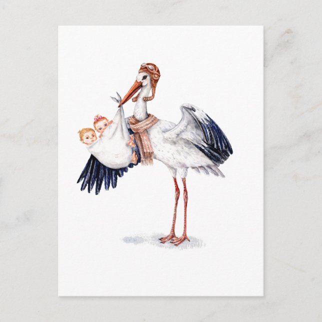 Aviator Stork Carried Twins Postkarte (Vorderseite)