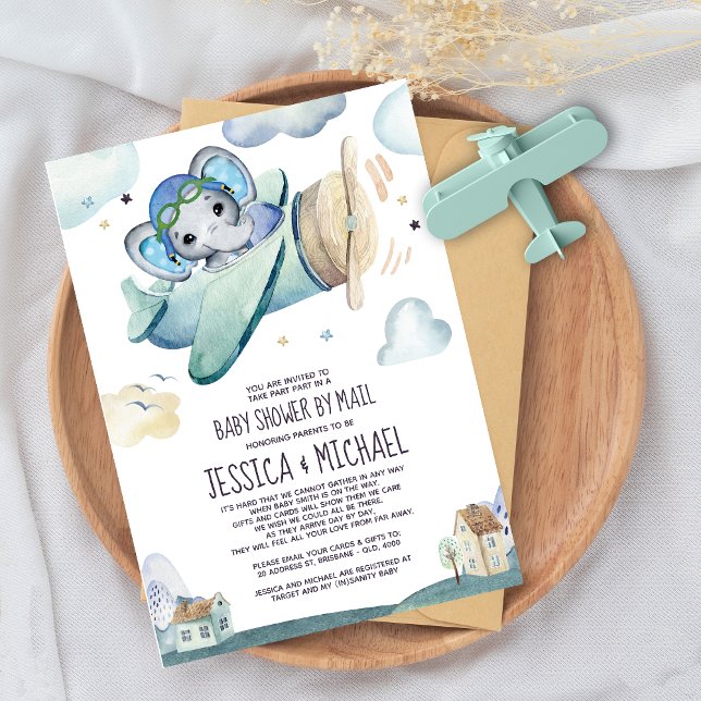 Avion éléphant | Baby shower par invitation par co (Créateur téléchargé)