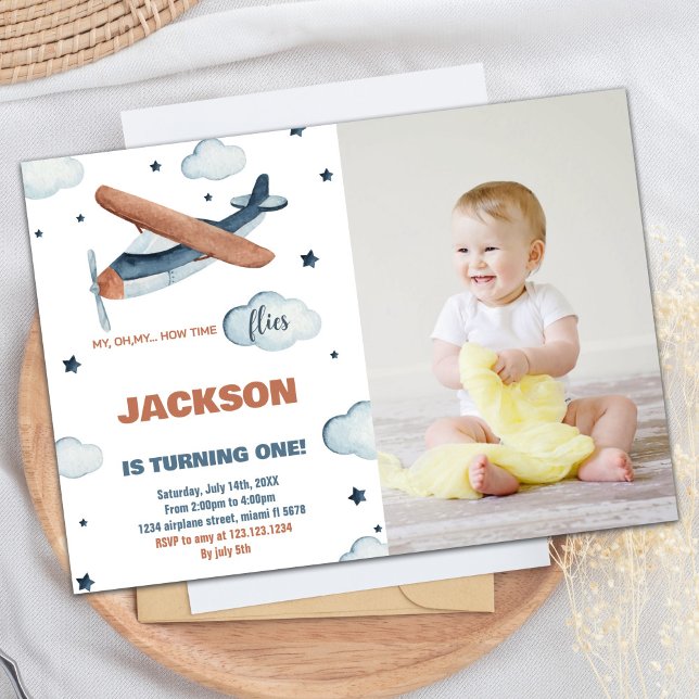 Avion Invitations Anniversaire Gris Orange avec ph (Airplane Birthday Invitations Gray Orange w photo)