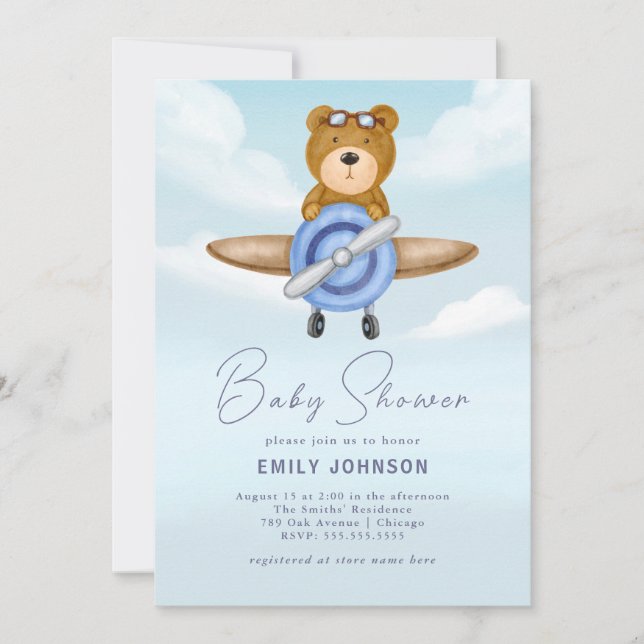 Avion Teddy Bear Boy Baby shower Invitation (Devant)
