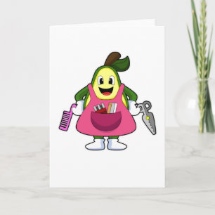 Avocado als Friseur mit Schere und Kamm Karte